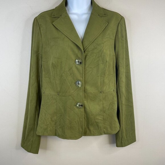 Vintage Jackets & Blazers - Vintage Womens Button Up Jacket Blazer Sz M OLIVE GREEN Crinkle Studded L/S